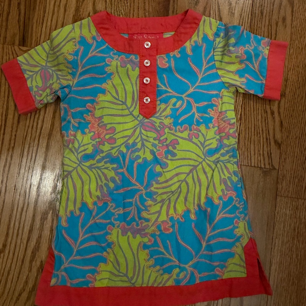 Lilly Pulitzer Blue Tunic with Lime Leaf Print & Coral Trim